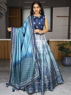 Sky Blue Printed Art Silk Wedding Wear Lehenga Choli 1