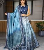 Sky Blue Printed Art Silk Wedding Wear Lehenga Choli
