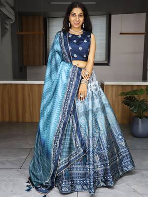 Sky Blue Printed Art Silk Wedding Wear Lehenga Choli 3