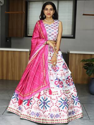 white color printed art silk festival lehenga set choli with dupatta 2