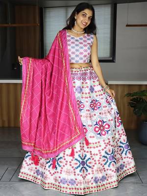 white color printed art silk festival lehenga set choli with dupatta 3