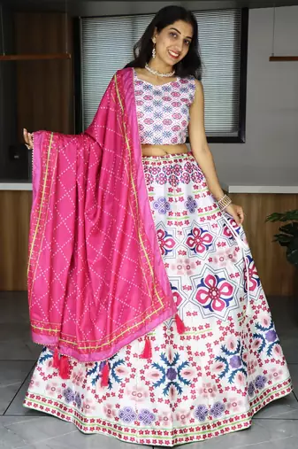 white color printed art silk festival lehenga set choli with dupatta