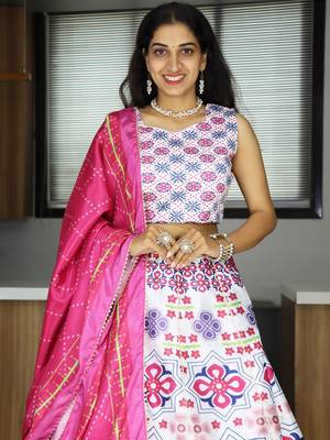 white color printed art silk festival lehenga set choli with dupatta 4