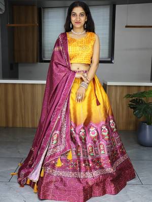 yellow color printed art silk haldi lehenga set choli with dupatta 1