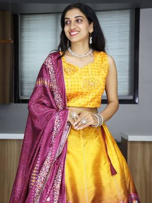 yellow color printed art silk haldi lehenga set choli with dupatta 3
