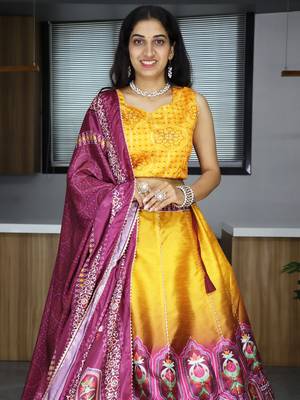 yellow color printed art silk haldi lehenga set choli with dupatta 4