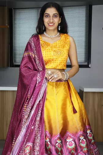 yellow color printed art silk haldi lehenga set choli with dupatta