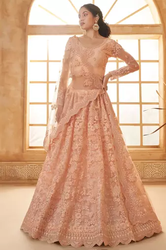 Peach Embroidery Work Net Bridesmaid Lehenga Choli