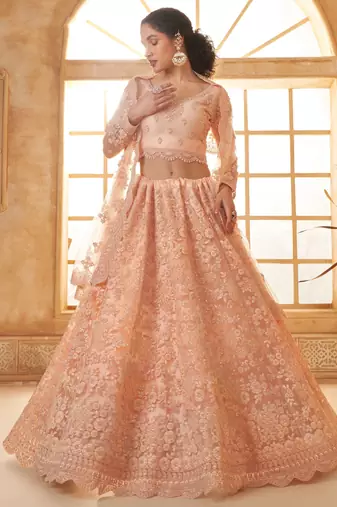 peach embroidery work net lehenga set choli with dupatta