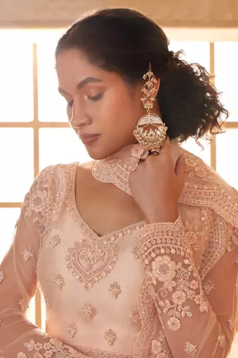 peach embroidery work net lehenga set choli with dupatta