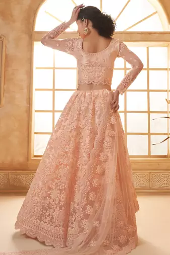 peach embroidery work net lehenga set choli with dupatta