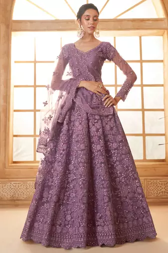 purple embroidery net lehenga set choli with dupatta with dupatta