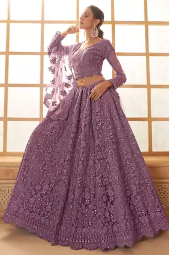 purple embroidery net lehenga set choli with dupatta with dupatta