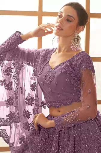 purple embroidery net lehenga set choli with dupatta with dupatta