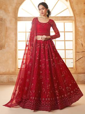 red embroidered net lehenga set choli with dupatta 2