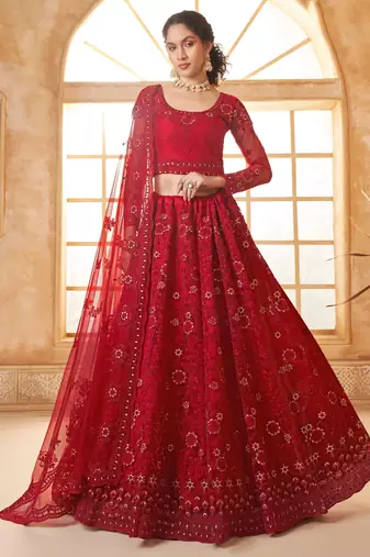 red embroidered net lehenga set choli with dupatta