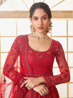 red embroidered net lehenga set choli with dupatta 3