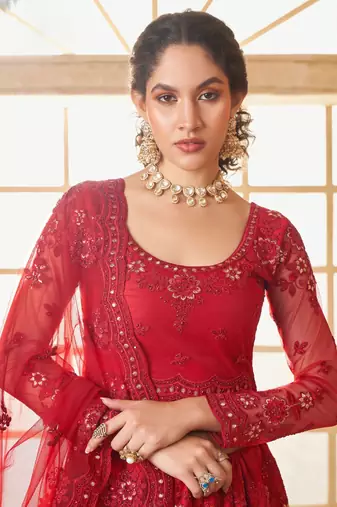 red embroidered net lehenga set choli with dupatta