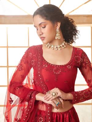 red embroidered net lehenga set choli with dupatta 4