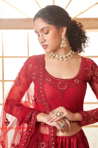 red embroidered net lehenga set choli with dupatta