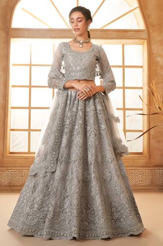 Grey Embroidered Net Engagement Wear Lehenga Choli