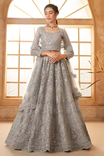 grey embroidered net lehenga set choli with dupatta