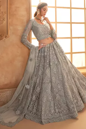 grey embroidered net lehenga set choli with dupatta