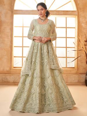 pista green embroidered net lehenga set choli with dupatta with dupatta 2