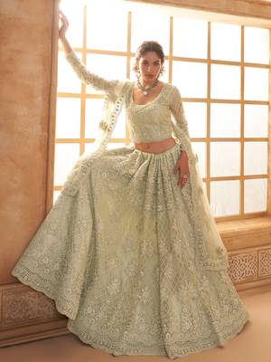 pista green embroidered net lehenga set choli with dupatta with dupatta 3