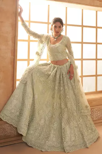 pista green embroidered net lehenga set choli with dupatta with dupatta