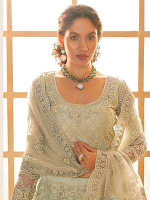 pista green embroidered net lehenga set choli with dupatta with dupatta 4