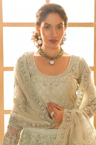 pista green embroidered net lehenga set choli with dupatta with dupatta