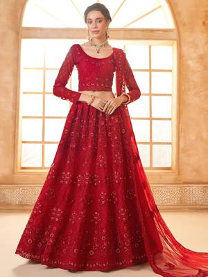 red embroidered net wedding lehenga set choli with dupatta with dupatta 1