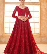 Red Embroidered Net Wedding Lehenga Choli With Dupatta
