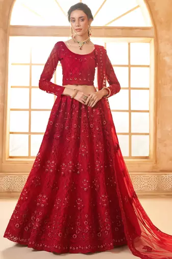red embroidered net wedding lehenga set choli with dupatta with dupatta