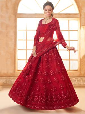 red embroidered net wedding lehenga set choli with dupatta with dupatta 3