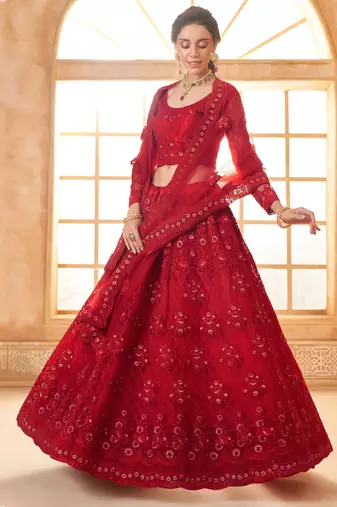 red embroidered net wedding lehenga set choli with dupatta with dupatta
