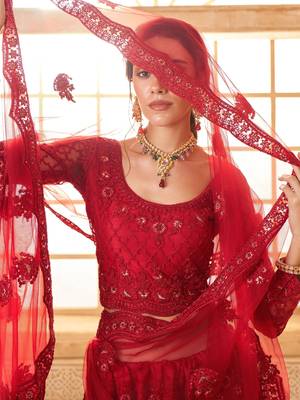 red embroidered net wedding lehenga set choli with dupatta with dupatta 4