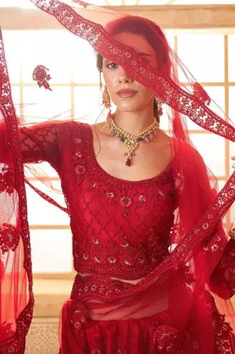 red embroidered net wedding lehenga set choli with dupatta with dupatta