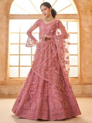 dusty pink embroidered net lehenga set choli with dupatta 2