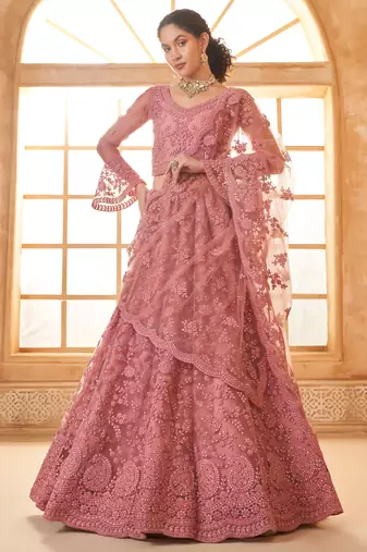 dusty pink embroidered net lehenga set choli with dupatta