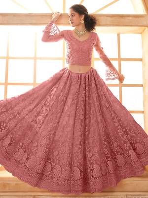 dusty pink embroidered net lehenga set choli with dupatta 3