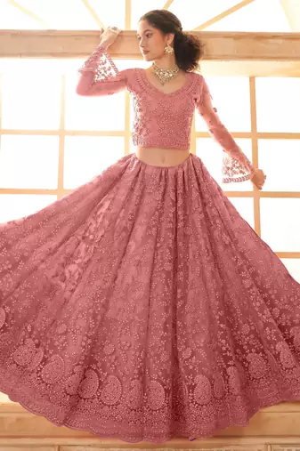 dusty pink embroidered net lehenga set choli with dupatta