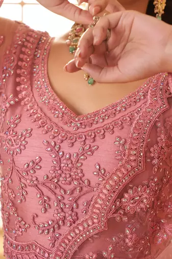 dusty pink embroidered net lehenga set choli with dupatta