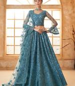 Teal Blue Embroidered Net Designer Lehenga Choli