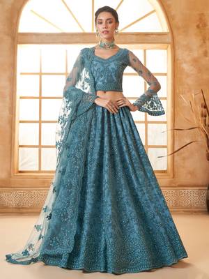 teal blue embroidered net lehenga set choli with dupatta 2