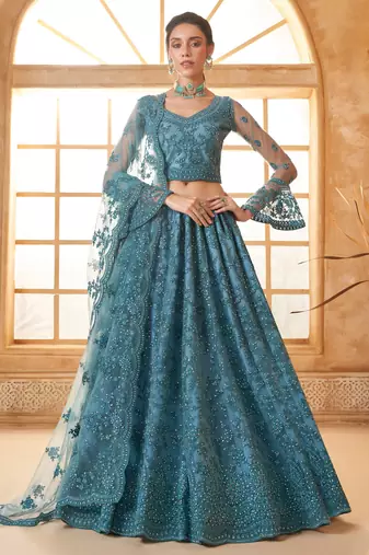teal blue embroidered net lehenga set choli with dupatta