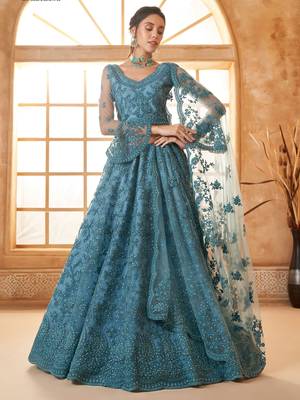 teal blue embroidered net lehenga set choli with dupatta 3
