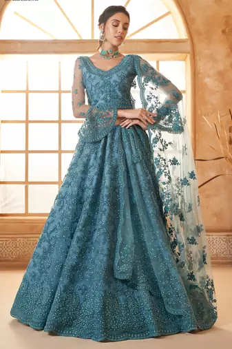 teal blue embroidered net lehenga set choli with dupatta
