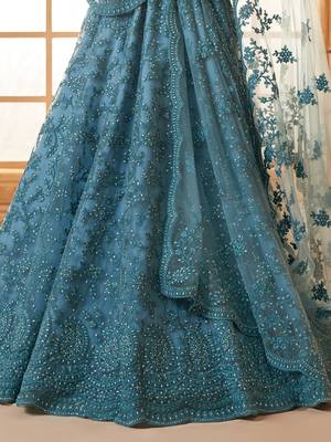 teal blue embroidered net lehenga set choli with dupatta 4